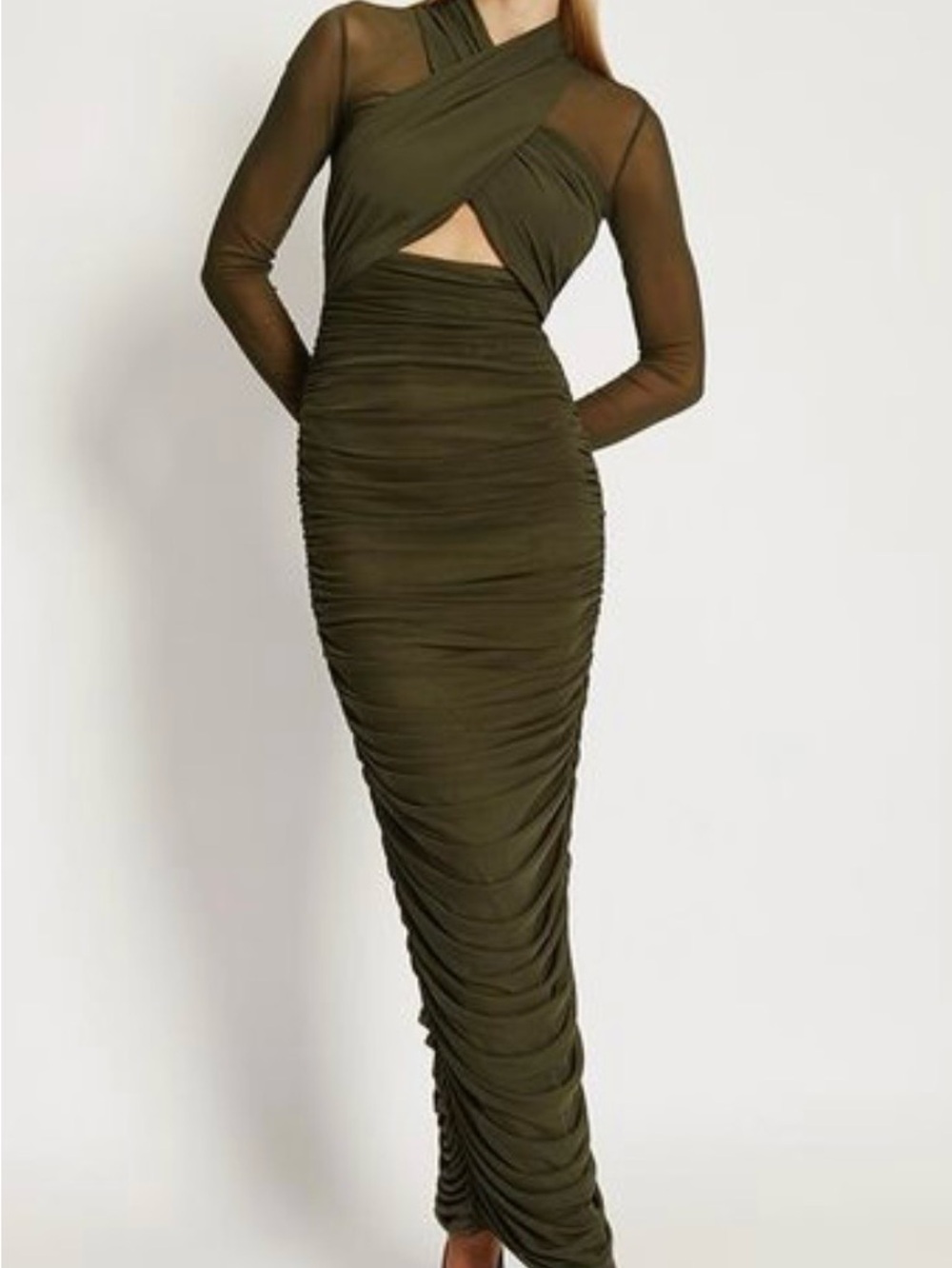 Bardot Olive Mesh Ruched Cutout Maxi Dress